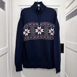 2000's Navy Blue Red White Snowflake Sweater Zipper 100% Cotton Natural Fibers